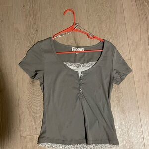 Hippie Rose Gray Scoop Neck Lace-Trim Short Sleeve Top
